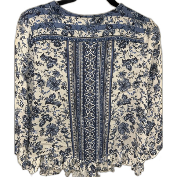 Ruffled V-neck blue and cream blouse - Picture 2 of 4